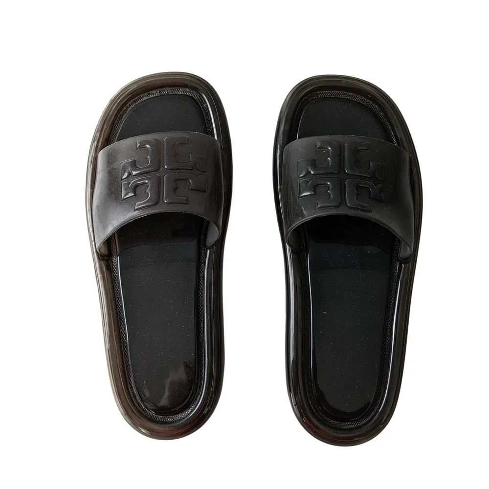Tory Burch Bubble Jelly Slide Sandal Black‎ Womens Size 6B Double T Logo Slip On